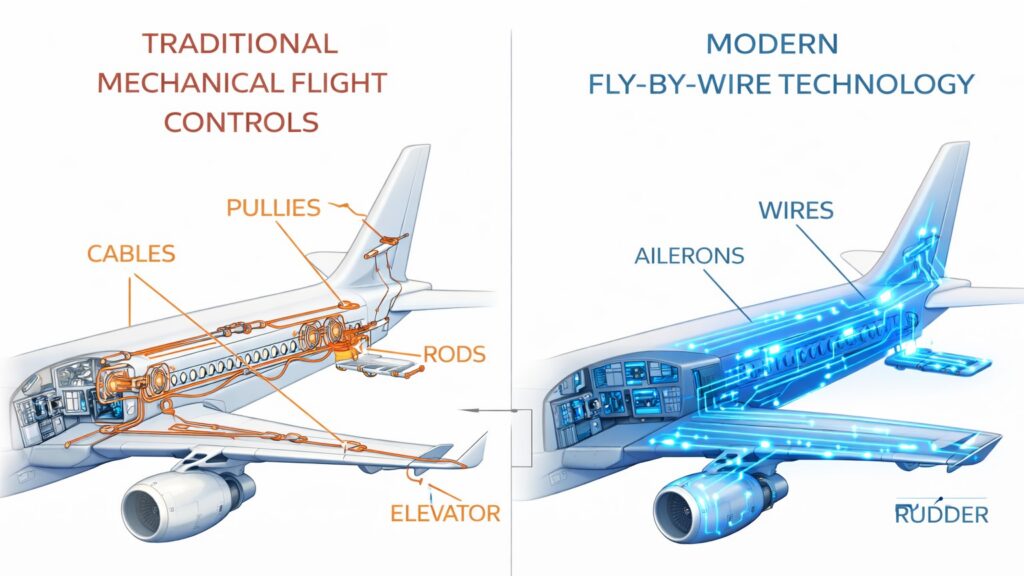 A detailed diagram comparing traditional mechanical flight controls vs modern fly-by-wire technology wiring)