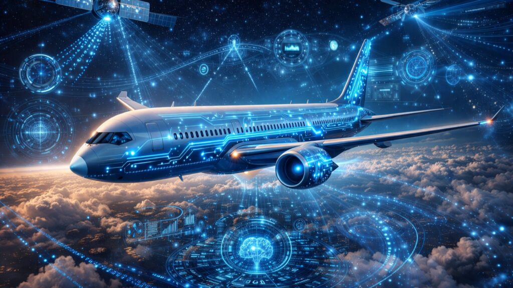 A futuristic concept of an AI piloted aircraft soaring through the clouds