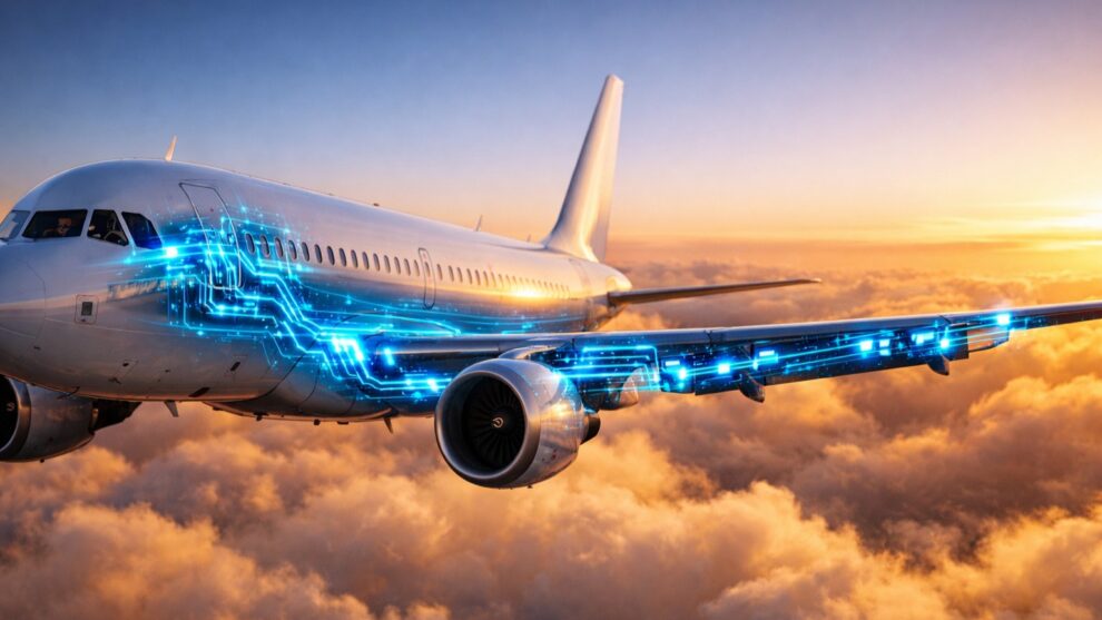 A modern passenger jet demonstrating fly-by-wire technology with glowing digital signals.