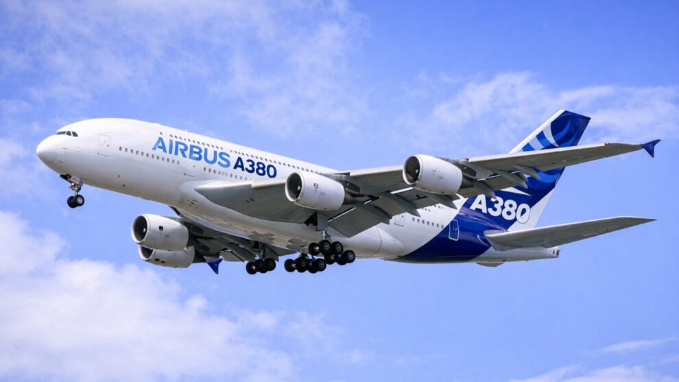 Airbus A380 double-deck wide-body airliner in flight