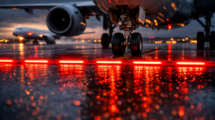 Ground-level view of bright red in-pavement Runway Entrance Lights (RELs) illuminating on a wet airport taxiway, stopping a commercial jet from entering the active runway intersection where another plane is taking off.