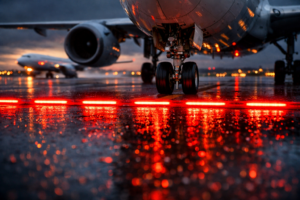 Ground-level view of bright red in-pavement Runway Entrance Lights (RELs) illuminating on a wet airport taxiway, stopping a commercial jet from entering the active runway intersection where another plane is taking off.