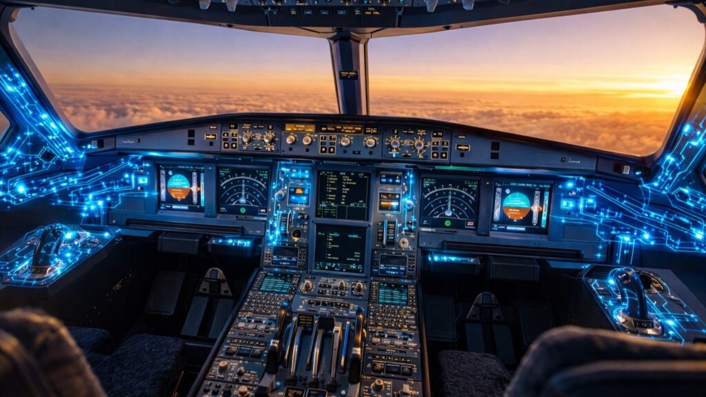A modern glass cockpit of an Airbus A320 utilizing fly-by-wire technology)