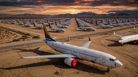 A vast fleet of grounded Boeing 737 MAX aircraft parked in the desert during the 2019 aviation crisis.