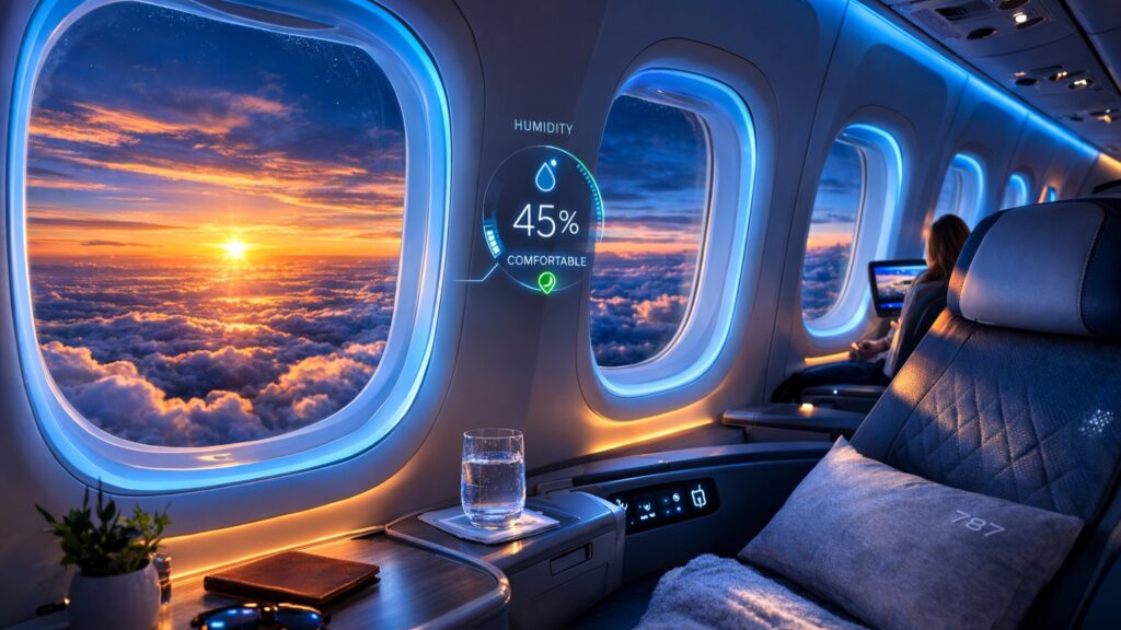 The comfortable and fresh cabin environment of a Boeing 787 Dreamliner.