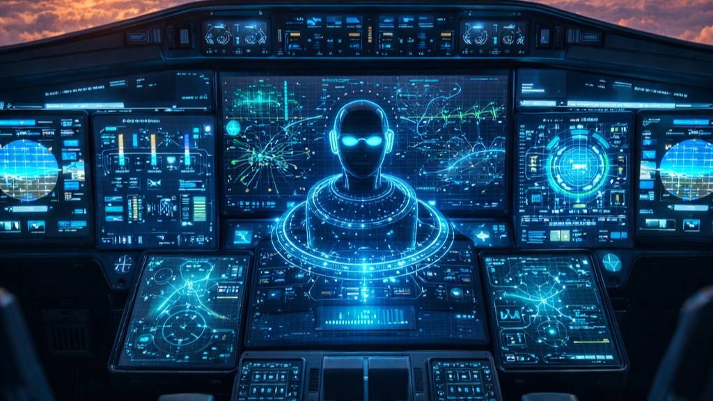 The advanced digital cockpit of an AI piloted aircraft without human pilots