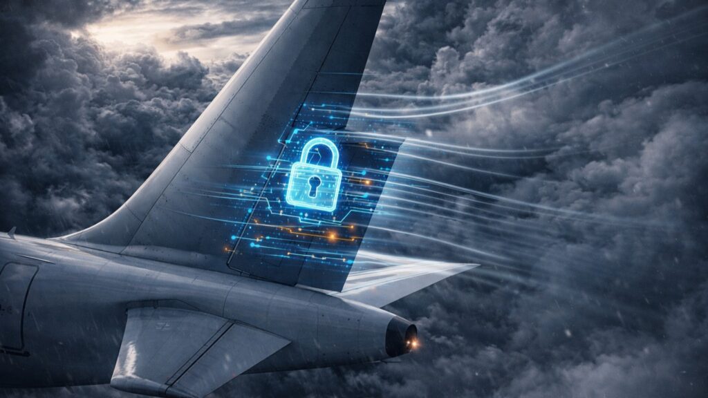 The vertical tail and rudder of a commercial jet adjusting during turbulence, guided by the Flight Augmentation Computers.