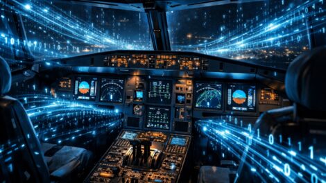 A glowing digital illustration of an Airbus A320 cockpit at night, showing the advanced fly-by-wire computer screens and digital data streams.