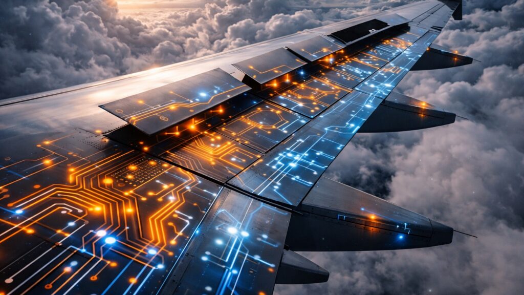 A glowing digital illustration of an Airbus A320 cockpit at night, showing the advanced fly-by-wire computer screens and digital data streams.