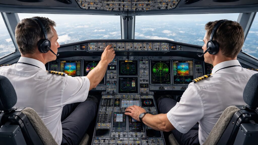 Pilots managing aircraft autopilot systems in a modern cockpit