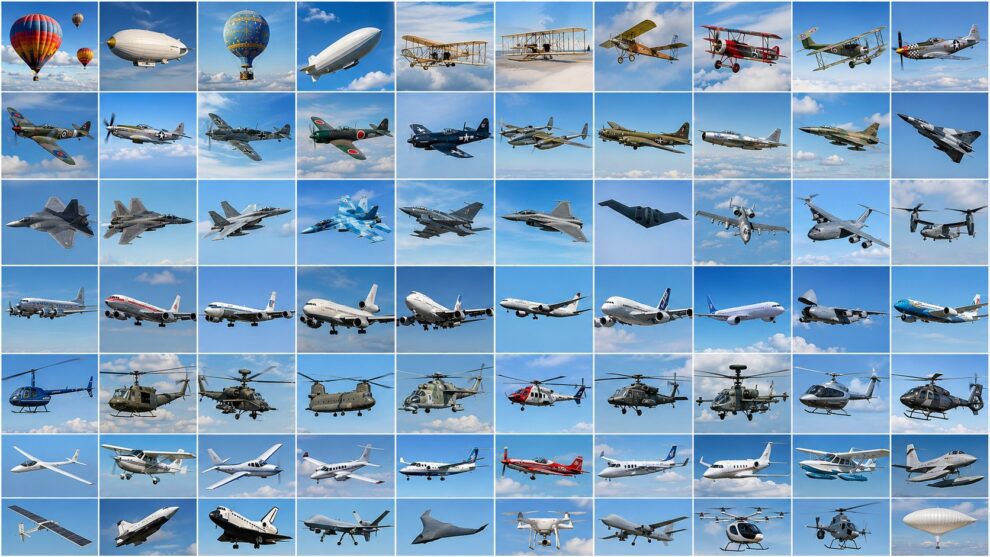 Aircraft definition illustration showing balloons, airplanes, helicopters, gliders, jets, and drones as different types of flying vehicles