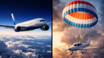 A comparison of a high-altitude commercial jet and a private plane using aircraft parachute systems.