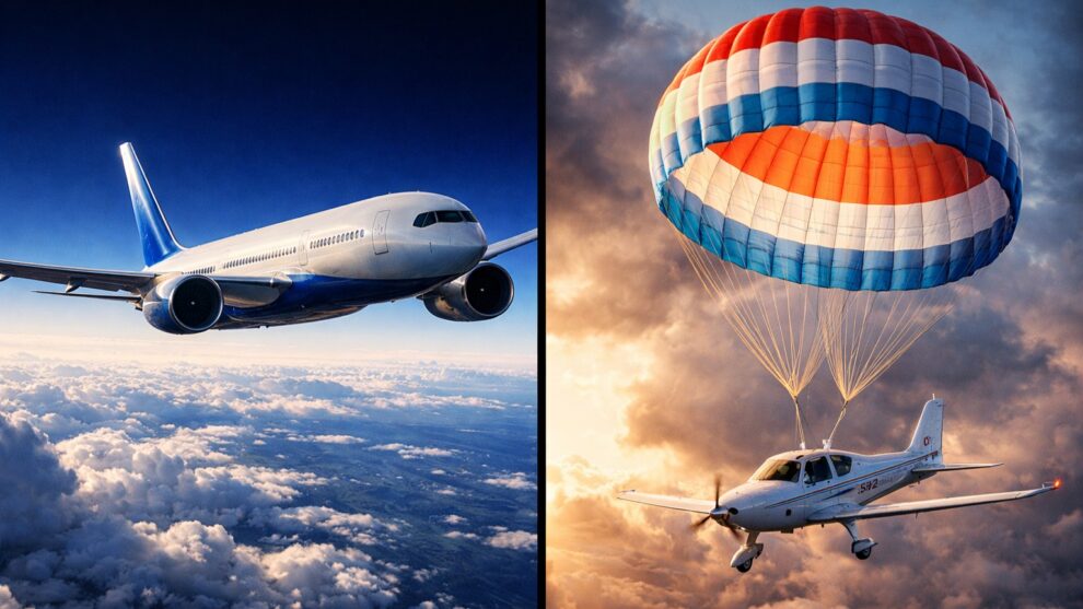A comparison of a high-altitude commercial jet and a private plane using aircraft parachute systems.