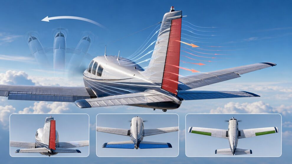 Aircraft rudder on the vertical stabilizer showing yaw control and airflow around the tail