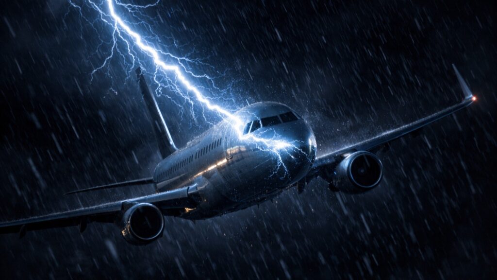 A commercial passenger jet experiencing an airplane lightning strike in dark clouds