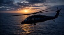 Search and rescue boats using bright spotlights on the dark ocean at dusk following a military helicopter crash.
