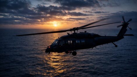 Search and rescue boats using bright spotlights on the dark ocean at dusk following a military helicopter crash.
