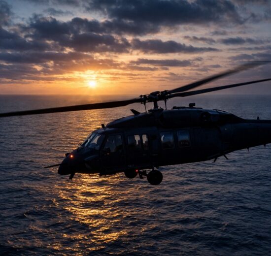 Search and rescue boats using bright spotlights on the dark ocean at dusk following a military helicopter crash.