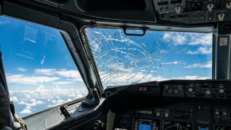 Close-up view of a severely cracked multi-layered Boeing 737 windshield from inside the cockpit, showing the outer glass shattered but the inner layer fully intact.