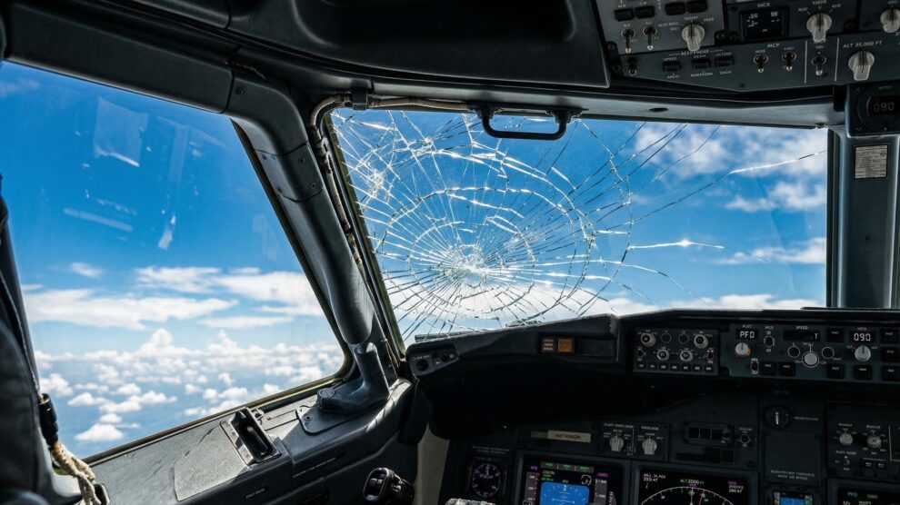 Close-up view of a severely cracked multi-layered Boeing 737 windshield from inside the cockpit, showing the outer glass shattered but the inner layer fully intact.