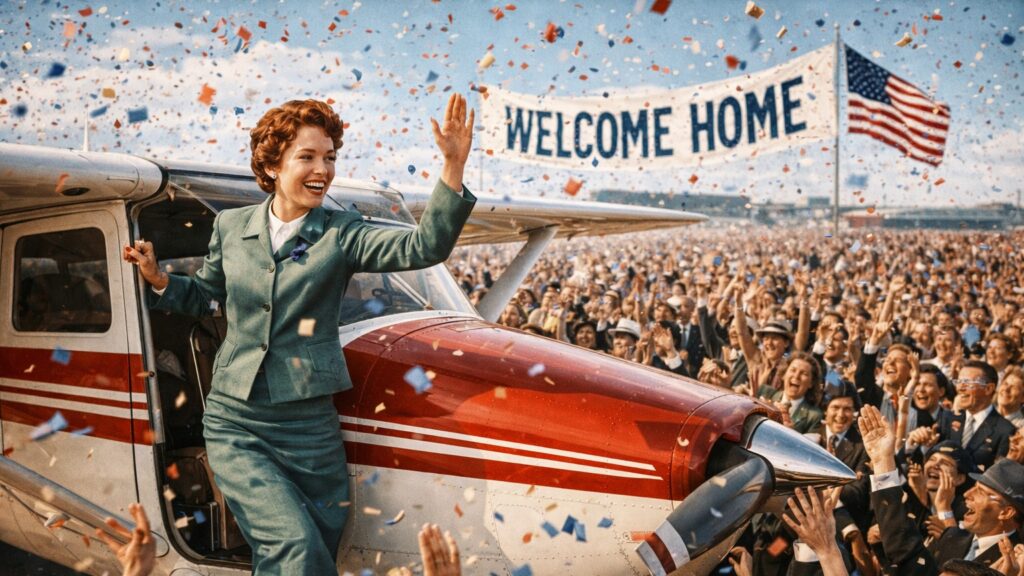 A colorized historical photo of a cheering crowd welcoming a female pilot stepping out of her airplane.
