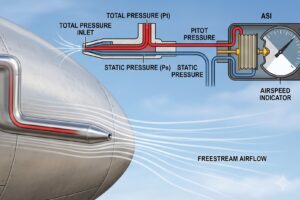 Pitot tube on an aircraft showing airflow pressure measurement for airspeed indication