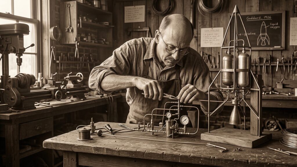 Robert H. Goddard assembling early liquid-fueled rocket engine components in his workshop