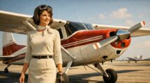 Vintage photograph style illustration of Jerrie Mock standing next to her red and white Cessna 180 aircraft, wearing a skirt and sweater.