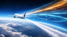 A digital illustration showing a commercial airplane flying through glowing wind currents that represent the high-speed Jet Stream in the upper atmosphere.