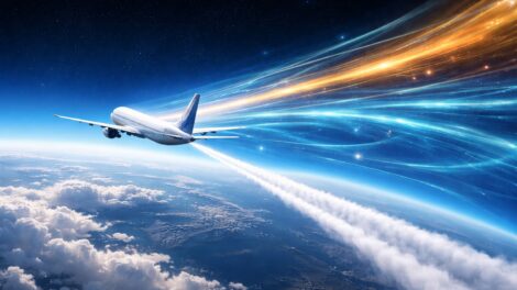 A digital illustration showing a commercial airplane flying through glowing wind currents that represent the high-speed Jet Stream in the upper atmosphere.
