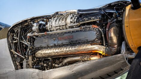A detailed view of aviation superchargers on a WWII aircraft engine.
