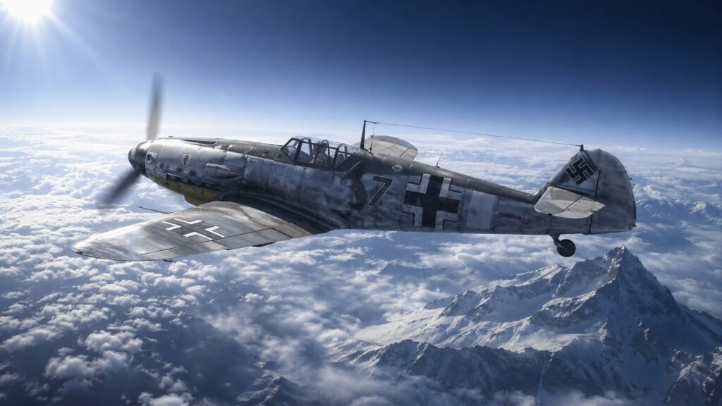 German Bf 109 G Gustav fighter aircraft flying at 40,000 feet above clouds with dramatic sunlight
