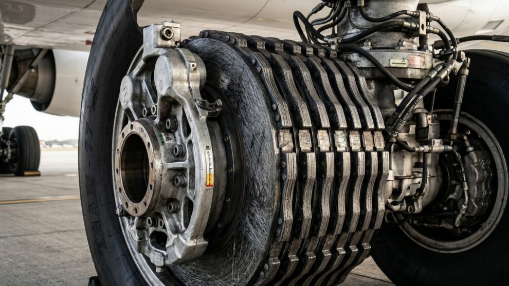 Close-up of carbon fiber aircraft brakes on a massive Boeing 777 landing gear.