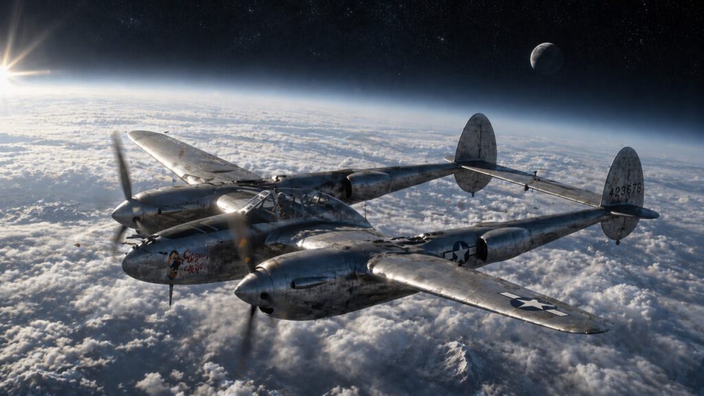 American P-38 Lightning fighter aircraft flying at 44,000 feet above clouds with twin-boom silhouette and dramatic sunlight