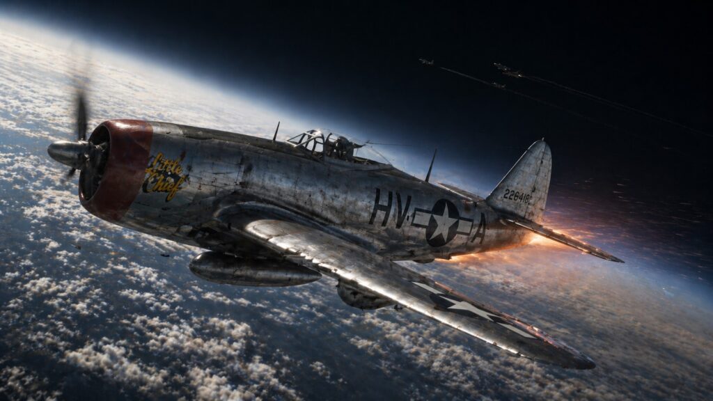 American P-47 Thunderbolt diving from 43,000 feet with glowing turbo exhaust above clouds in dramatic sky