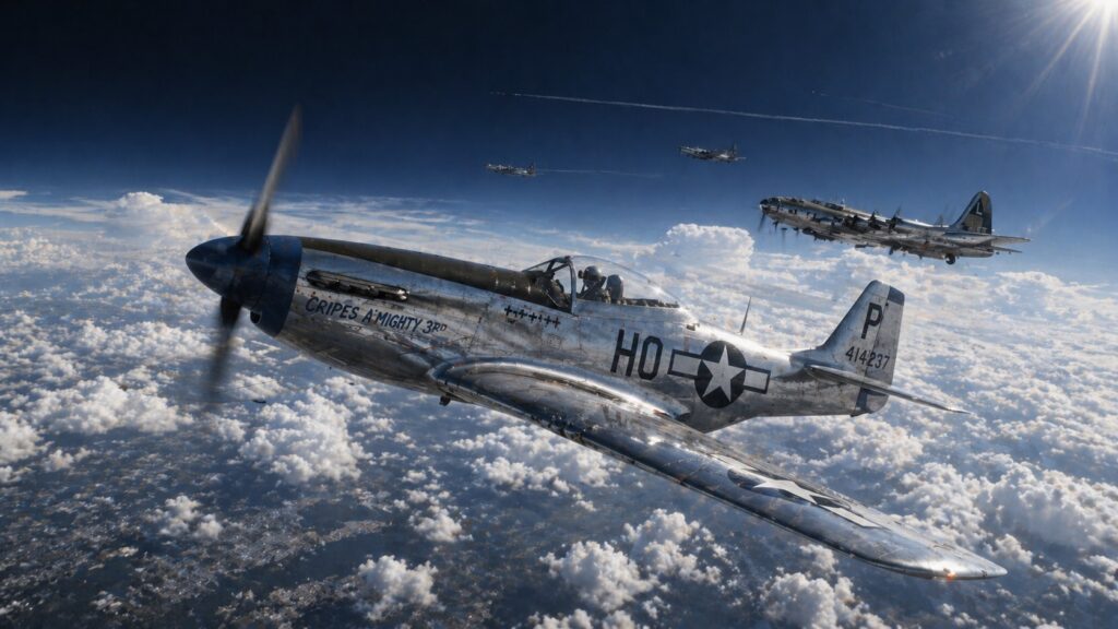 American P-51D Mustang escort fighter flying at 41,900 feet above Europe with bombers and dramatic sunlight