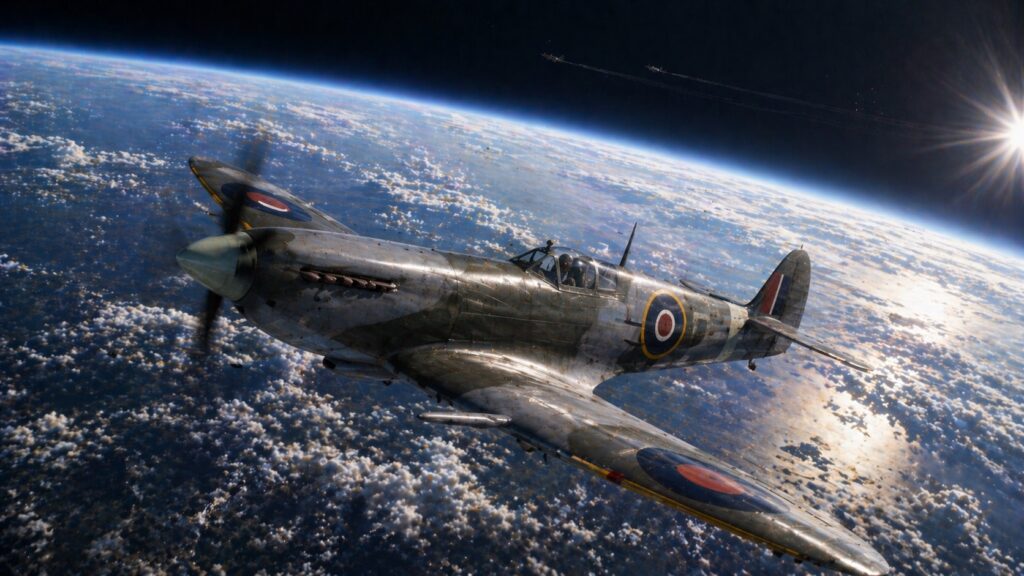 British Supermarine Spitfire Mk IX flying at 43,000 feet above Earth curvature with dramatic sunlight and clouds below