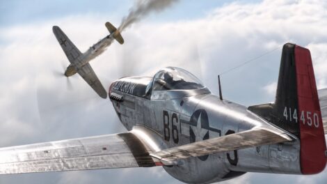 P-51 Mustang executing WWII air combat tactics against a Bf 109.