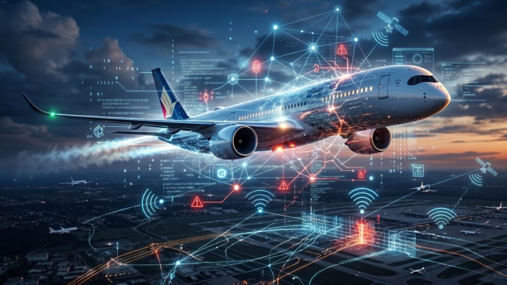 A commercial airplane flying in the sky representing the question can airplanes be hacked