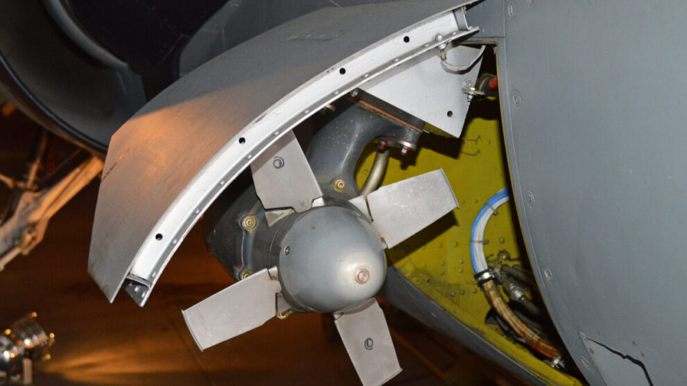 Ram air turbine deployed on an aircraft showing emergency electrical and hydraulic backup power