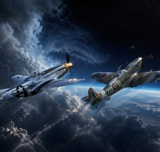 P-47 Thunderbolt and Spitfire Mk IX ascending as the ultimate WW2 high-altitude fighters.