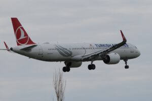 Airbus A321-271NX Turkish Airlines aircraft on landing approach with landing gear extended