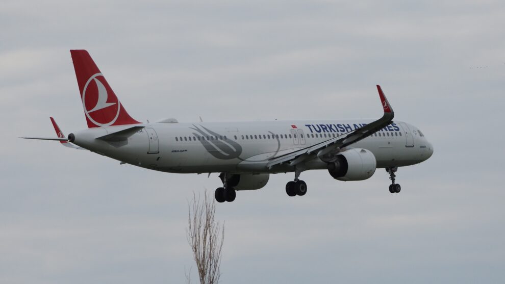 Airbus A321-271NX Turkish Airlines aircraft on landing approach with landing gear extended