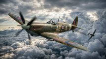 Royal Air Force (RAF) camouflaged Supermarine Spitfire Mk IX fighter plane from the World War II era flying above the clouds.