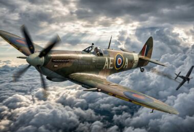 Royal Air Force (RAF) camouflaged Supermarine Spitfire Mk IX fighter plane from the World War II era flying above the clouds.