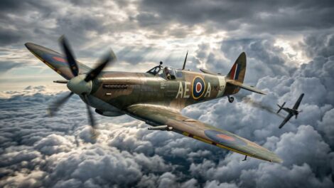 Royal Air Force (RAF) camouflaged Supermarine Spitfire Mk IX fighter plane from the World War II era flying above the clouds.