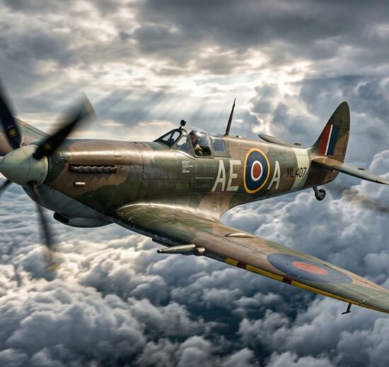 Royal Air Force (RAF) camouflaged Supermarine Spitfire Mk IX fighter plane from the World War II era flying above the clouds.