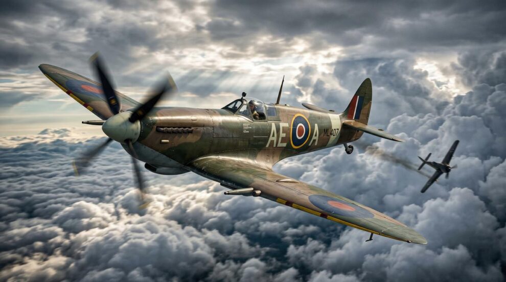 Royal Air Force (RAF) camouflaged Supermarine Spitfire Mk IX fighter plane from the World War II era flying above the clouds.