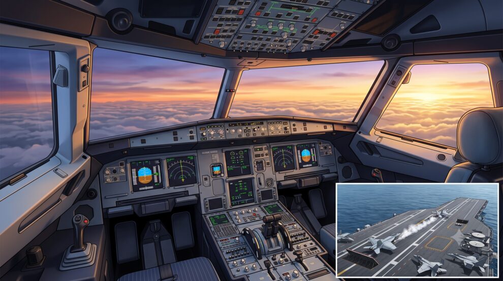 Flight deck showing modern aircraft cockpit controls and aircraft carrier flight operations meaning