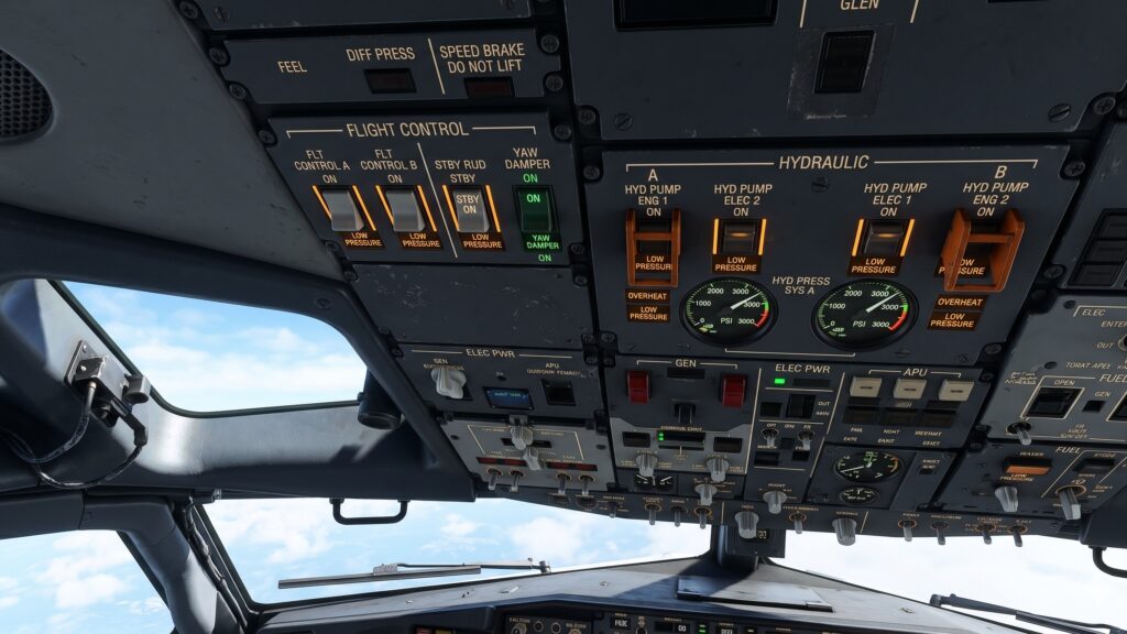Boeing 737 NG overhead flight control panel and 737 NG Standby Hydraulic switches